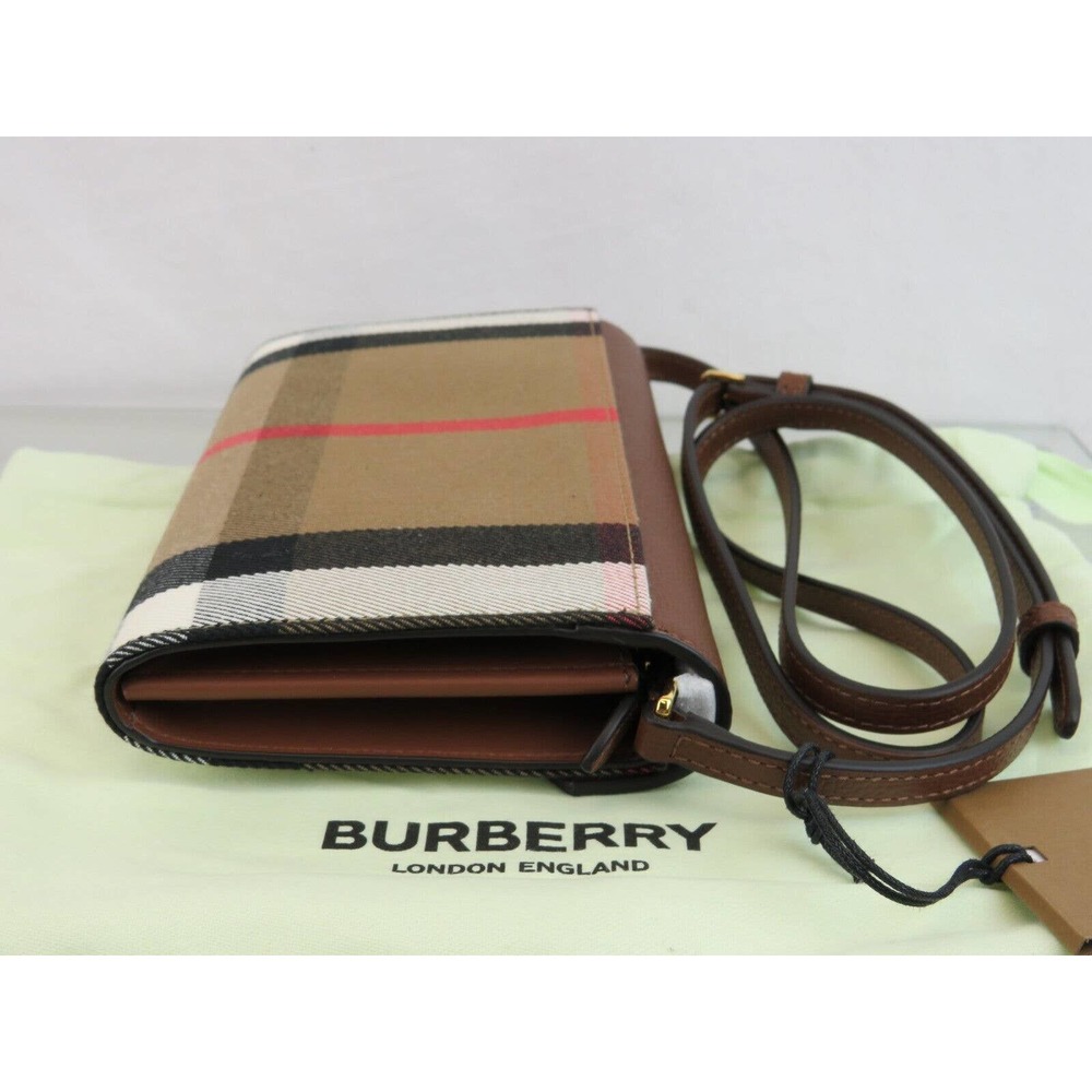 $910 NWT BURBERRY HANNAH TAN LEATHER CANVAS CHECK SHOULDER STRAP CLUTCH BAG - Picture 9 of 16